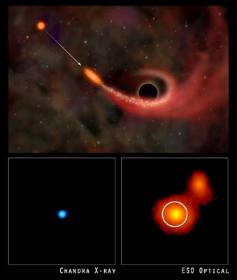 Обсерватория ''Чандра'' зарегистрировала разрушение звезды, проходящей вблизи гигантской черной дыры (снимок вверху). На фото слева показана рентгеновская вспышка в центре галактики RX J1242-11. На фото справа белым кругом выделена область, обнаруженная телескопом ''Чандра''.
Фото Chandra X-Ray Observatory
